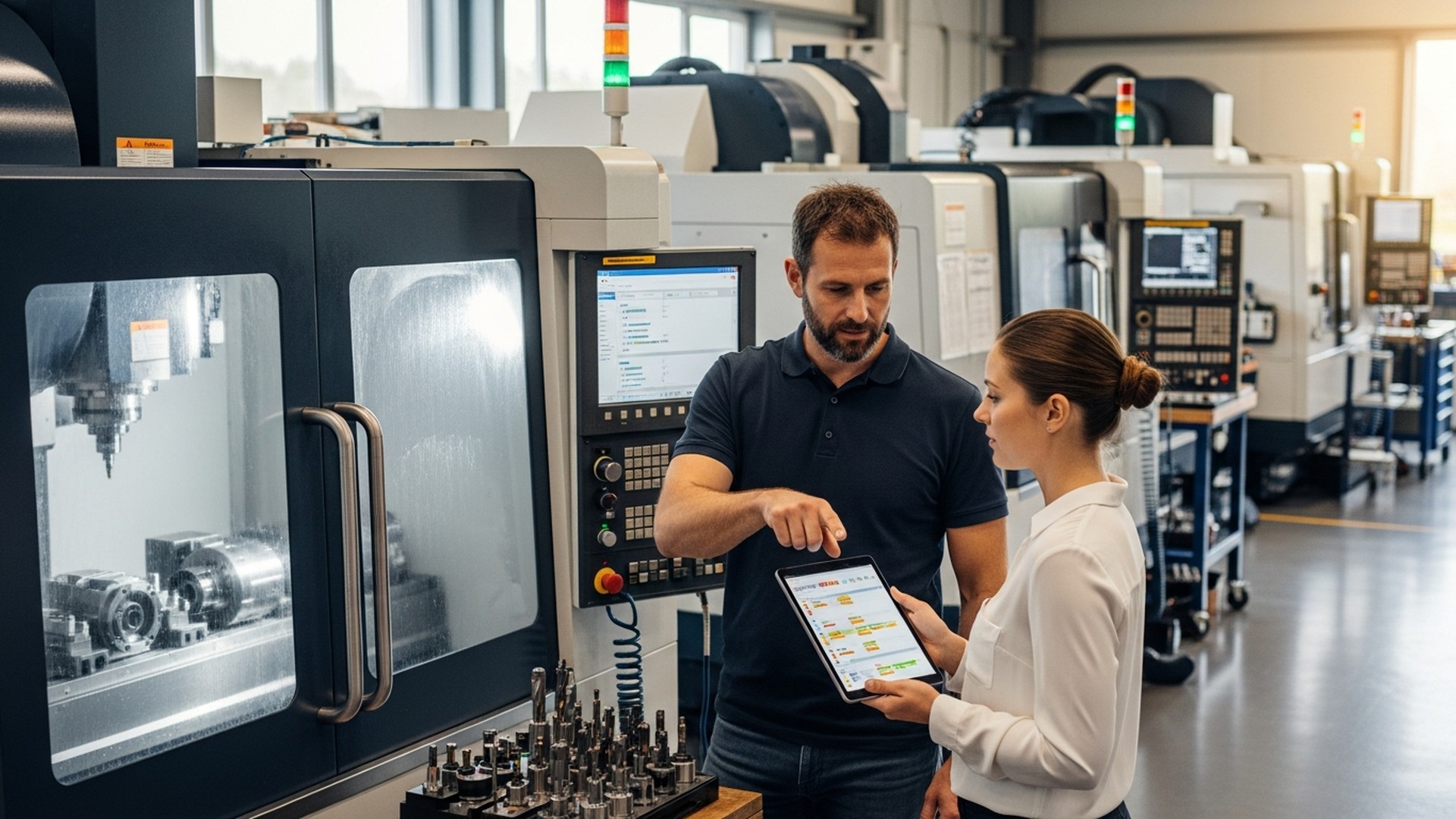 Production planner reviewing a digital scheduling dashboard beside CNC machines.