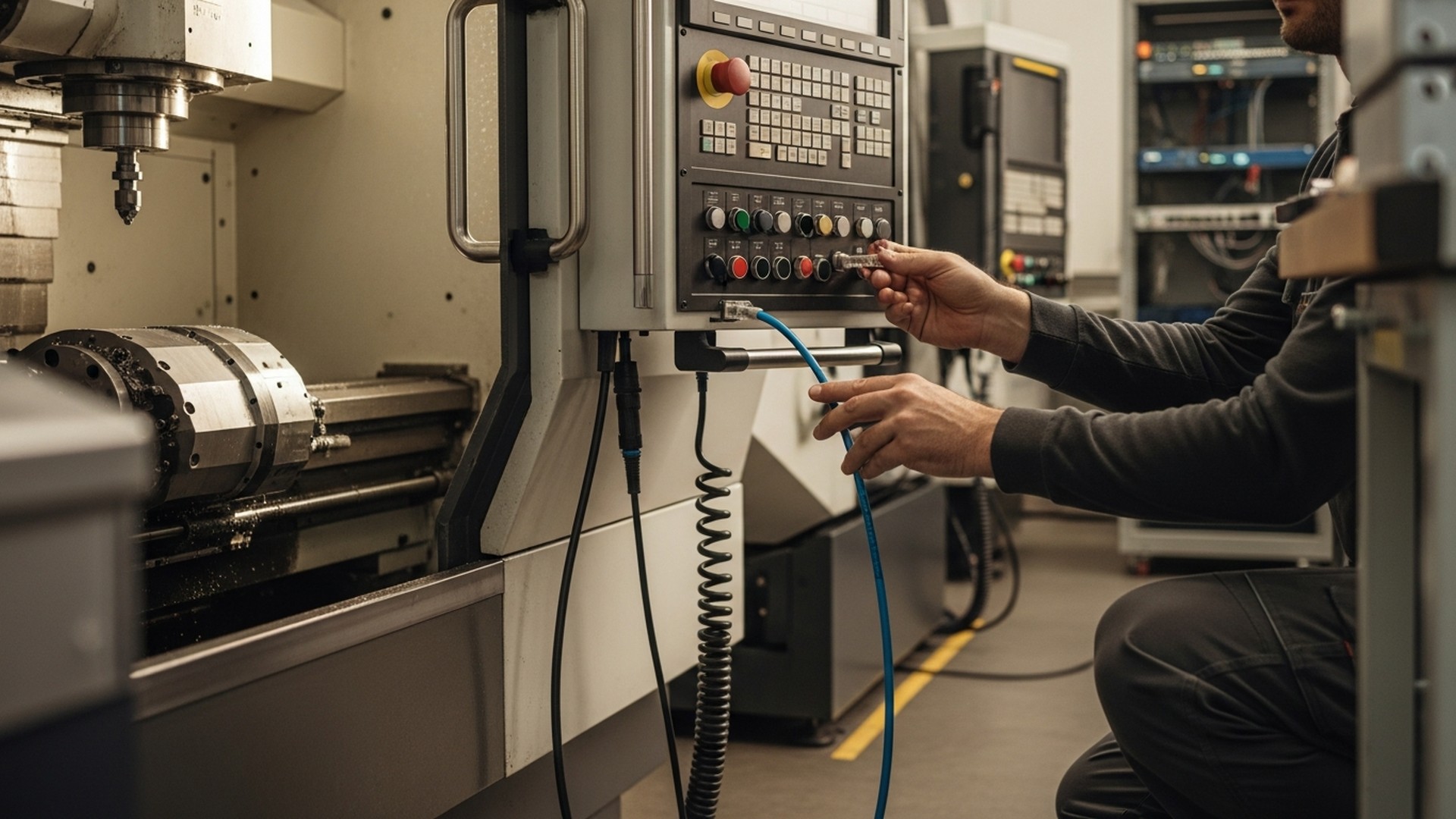 Technician connecting an Ethernet cable to a CNC machine controller panel in a machine shop — shop floor ERP integration with JITbase