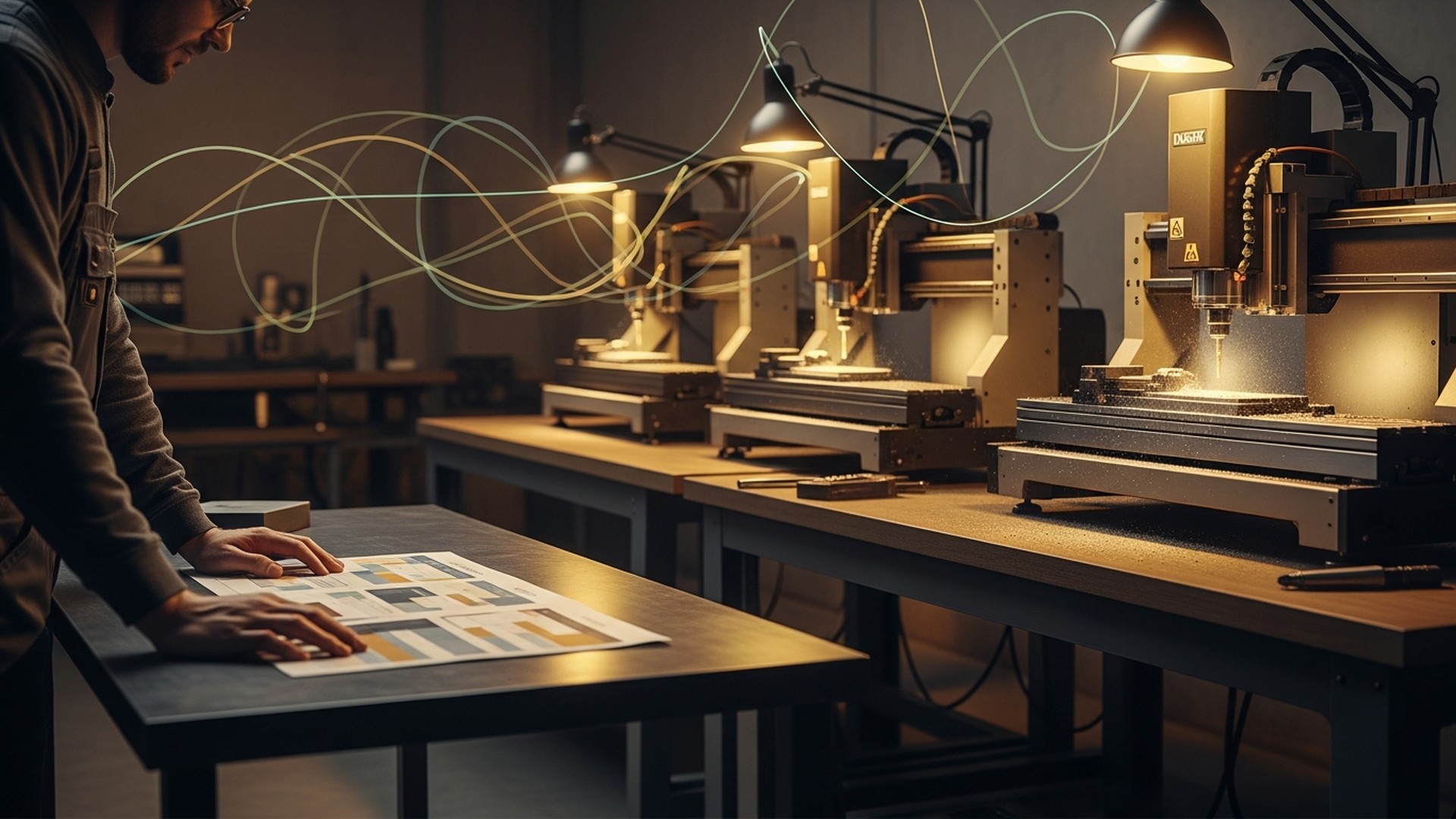 Engineer reviewing a shop-floor checklist while CNC machines exchange data, illustrating MES and ERP integration and structured production workflows with JITbase.