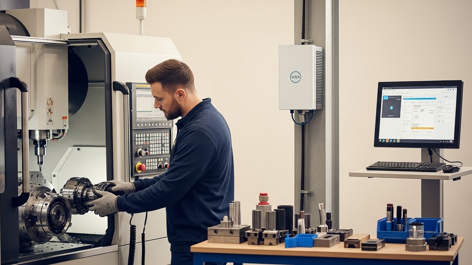CNC operator setting up a machining center with real-time production monitoring software – JITbase