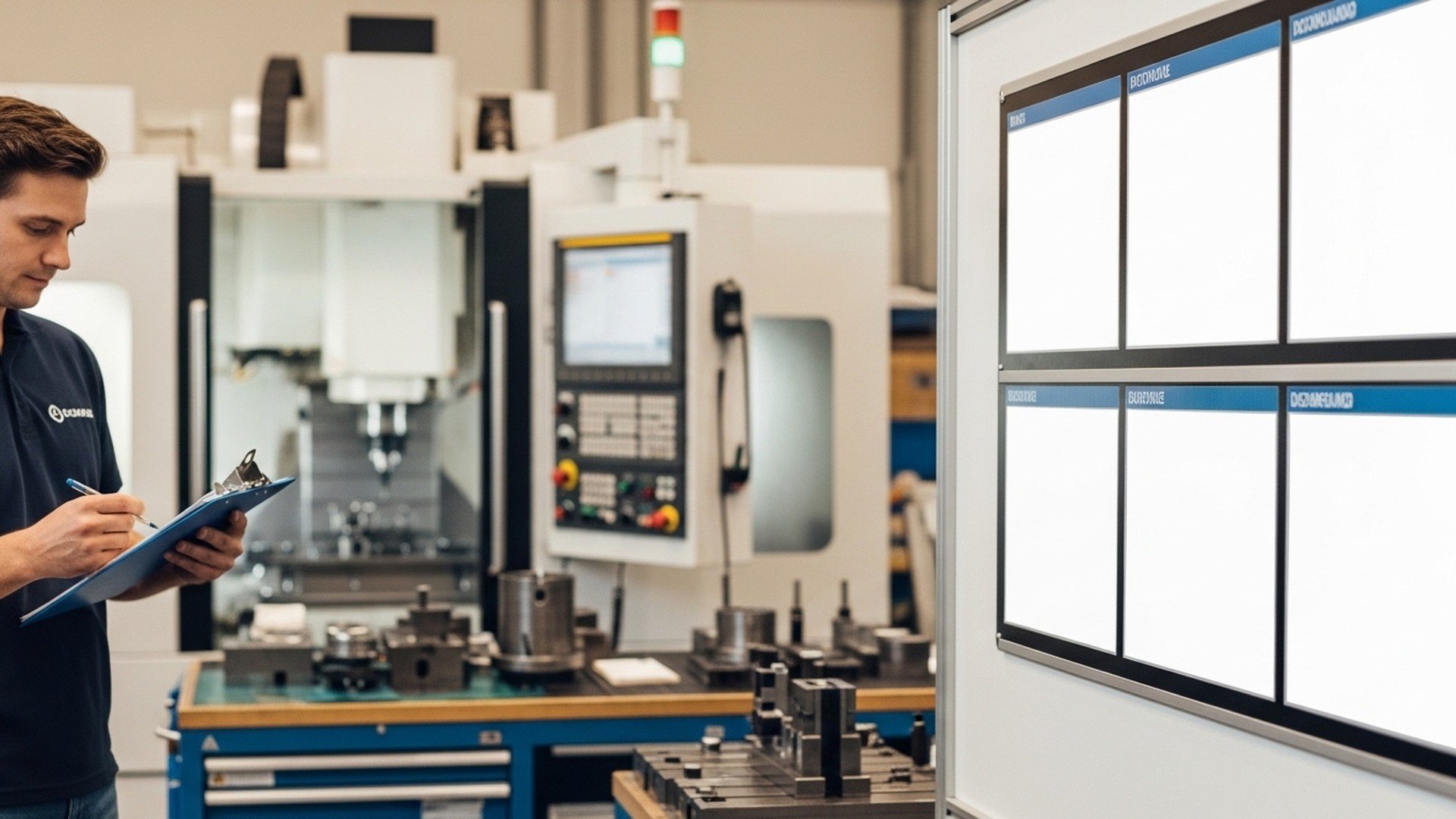 Production supervisor reviewing shop-floor KPIs on a visual dashboard next to a CNC machine, illustrating real-time manufacturing performance tracking and KPI monitoring with JITbase.