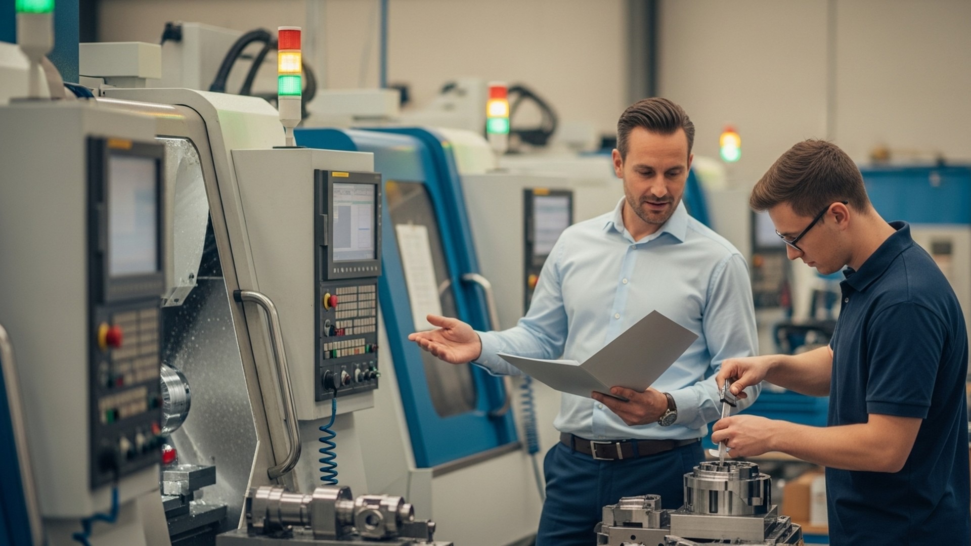 Production manager and operator reviewing performance indicators on a CNC shop floor — KPI prioritization with JITbase