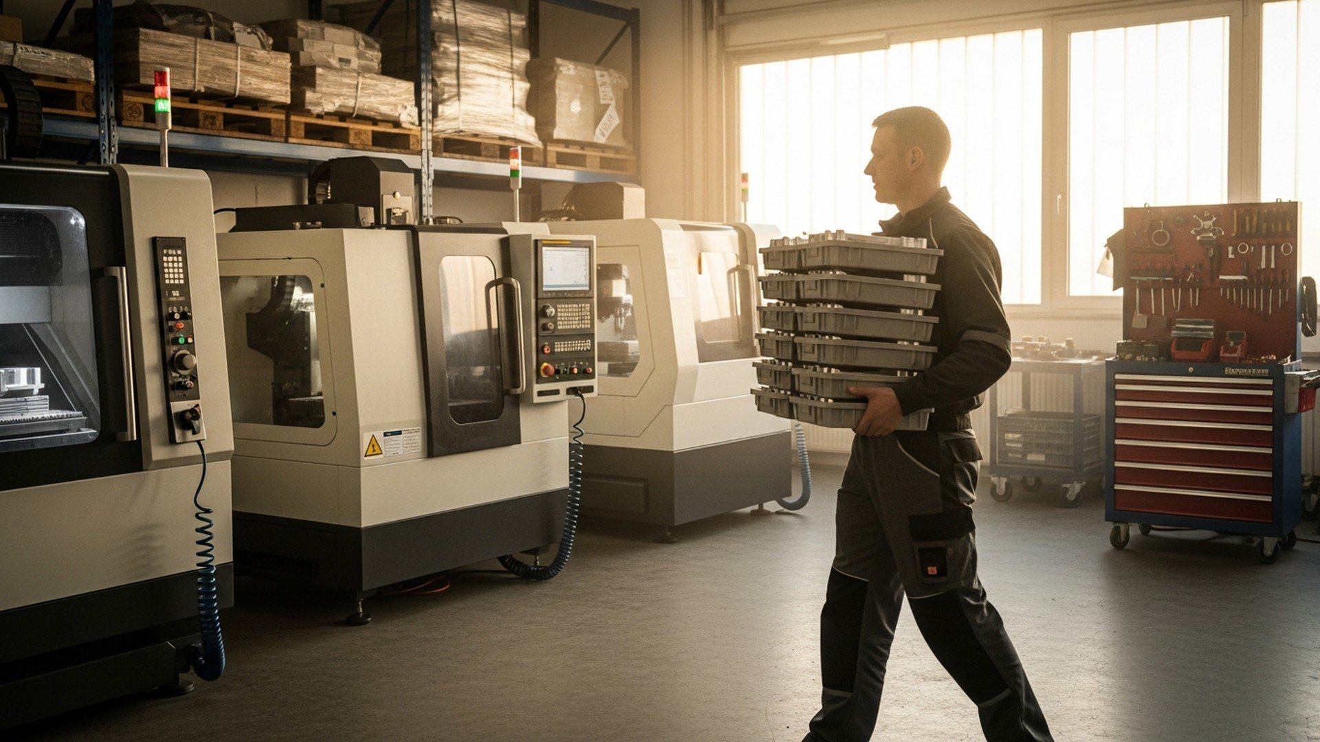 CNC operator carrying stacked parts across a machine shop, illustrating lean workload balancing, shop-floor flow optimization, and efficient task distribution with JITbase.