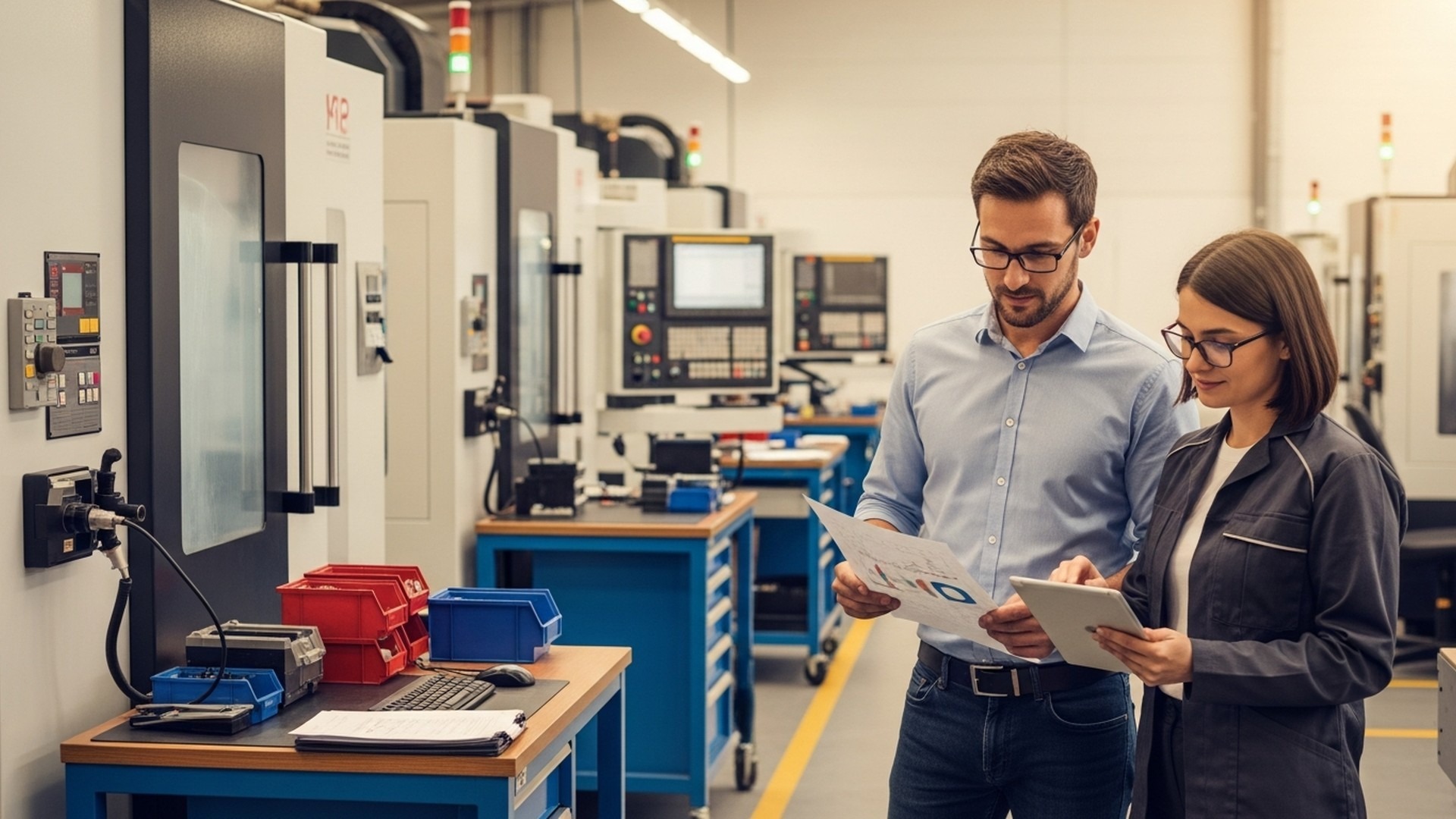 Shop supervisor and operator reviewing a live production schedule on a tablet — leaving Excel behind with JITbase