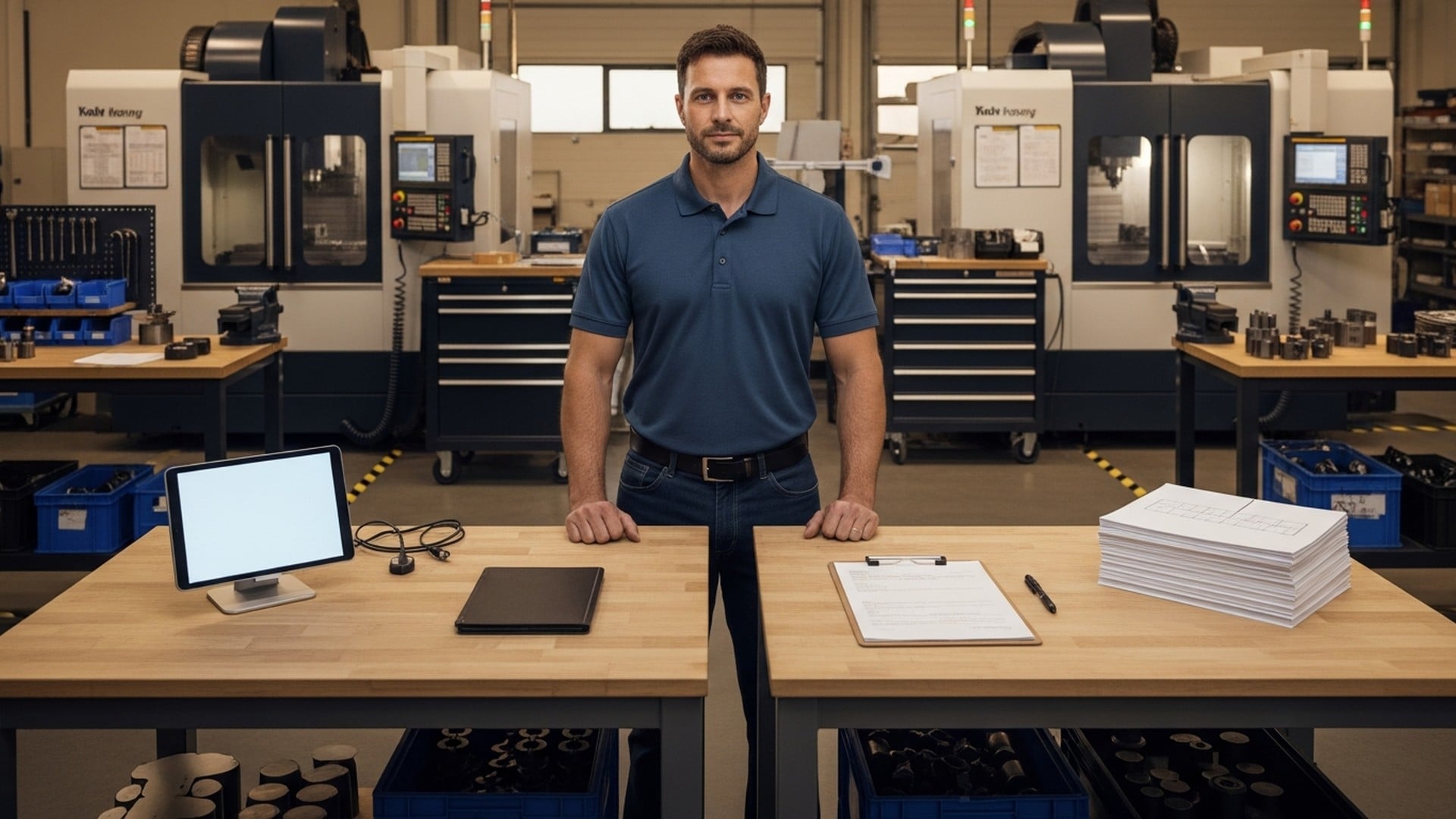 Shop manager standing at a workbench in a small CNC machine shop evaluating monitoring software options — MachineMetrics alternative with JITbase