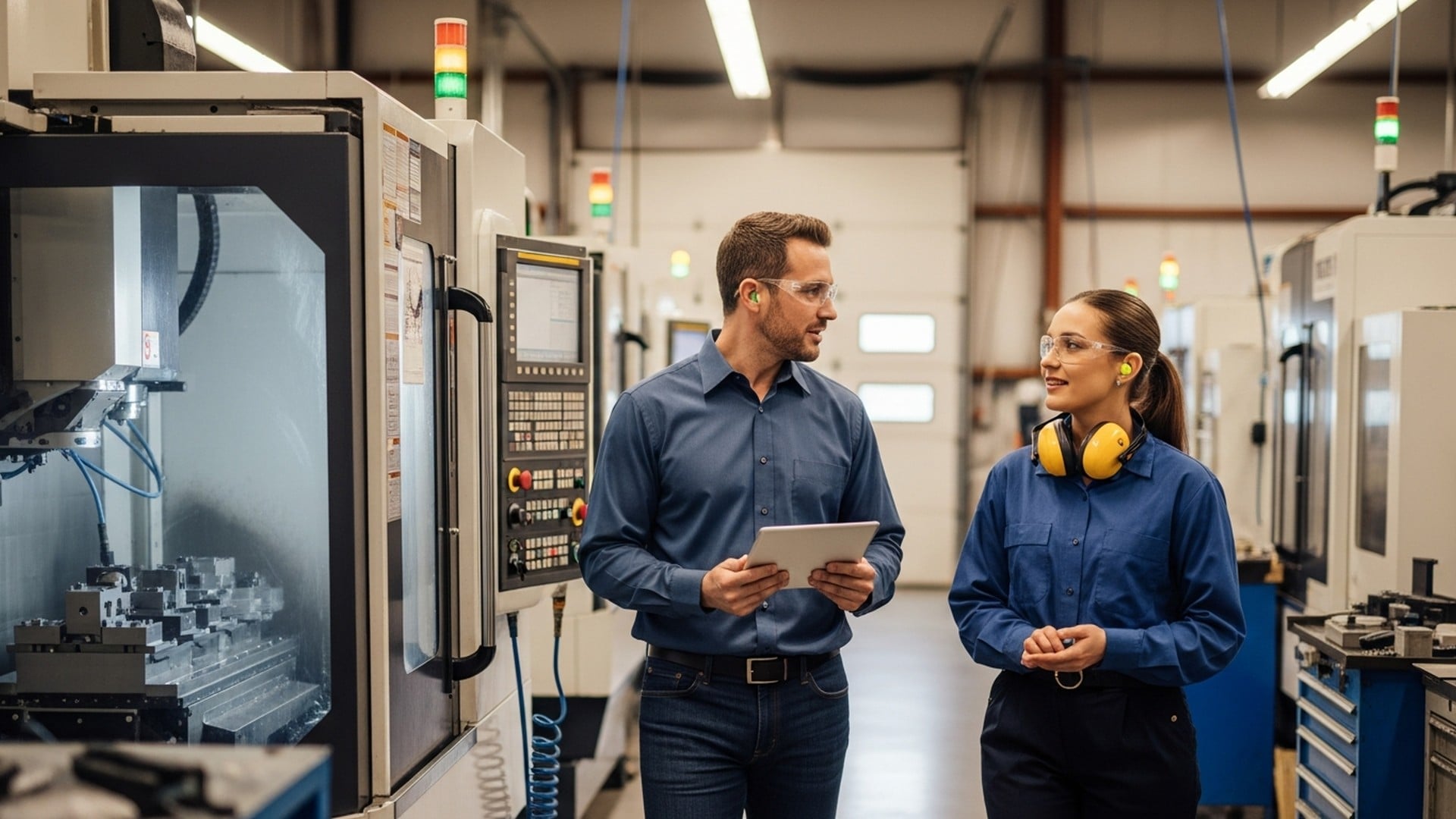 Two manufacturing engineers reviewing shop-floor data on a tablet next to CNC machines — MES-ERP integration maturity diagnostic with JITbase