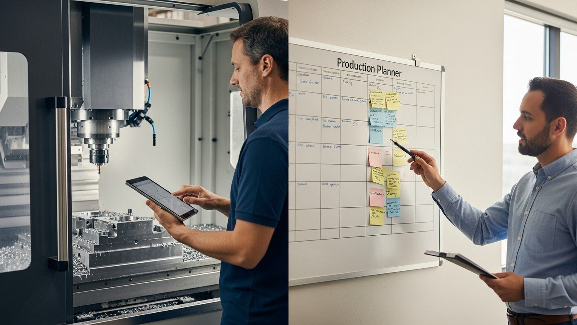 Split view of CNC shop floor operations and production planning meeting, illustrating the difference between MES execution and ERP planning systems.
