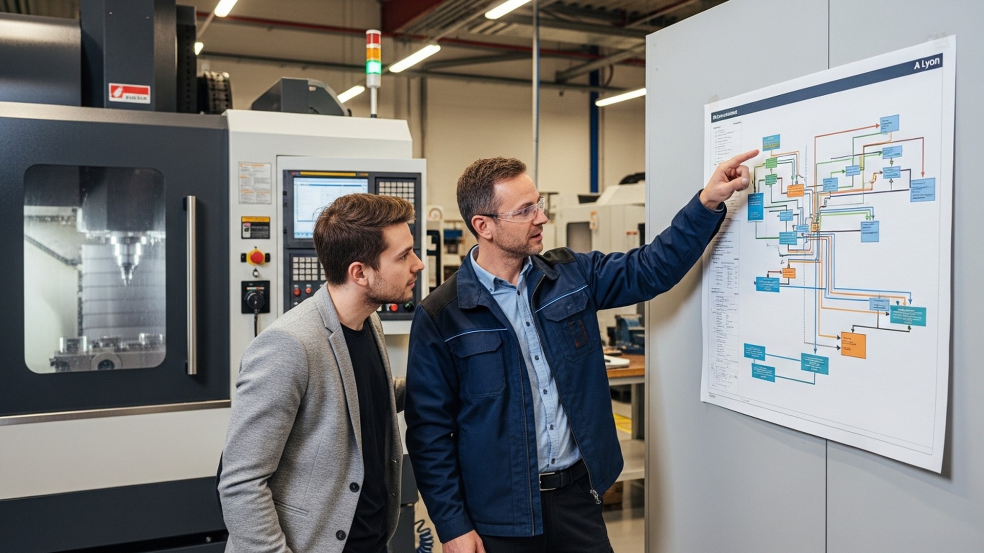 Responsables industriels analysant un schéma de processus de production lors d’un projet de migration vers une solution SaaS de gestion manufacturière.