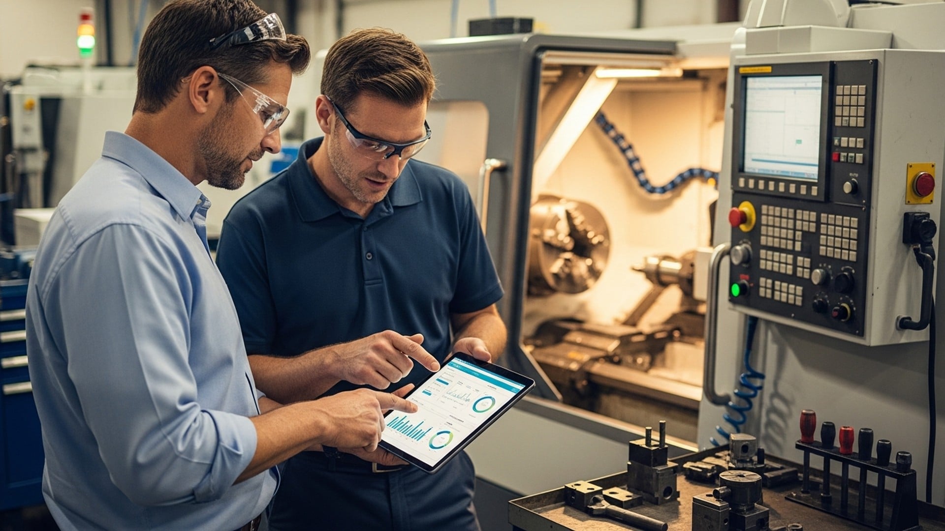 Two CNC shop engineers reviewing OEE dashboard data on a tablet next to a lathe — validating machine signals before deploying OEE software with JITbase.