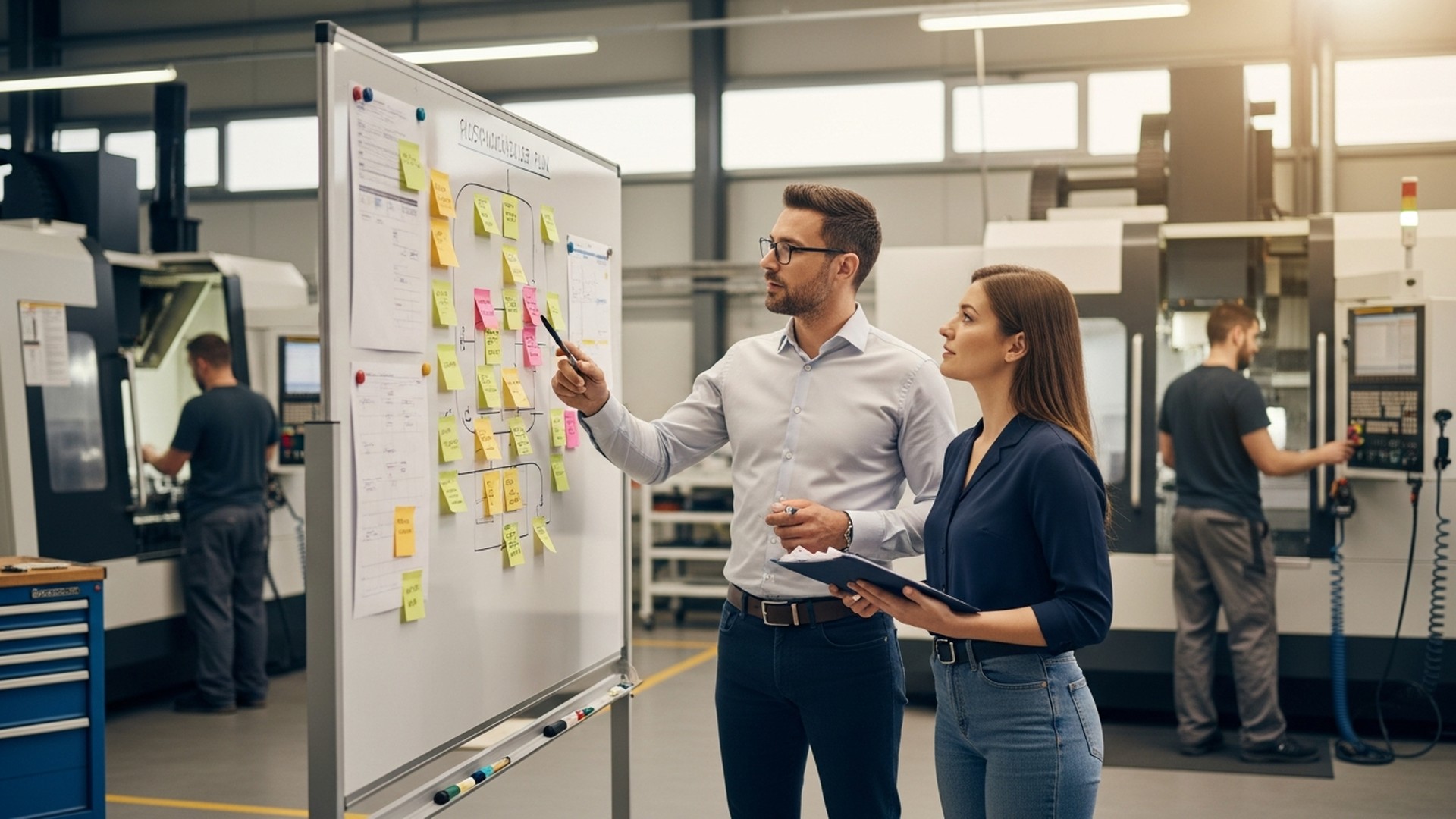 Responsable de production pointant un plan d'ordonnancement sur tableau blanc devant des machines CNC — ordonnancement durable avec JITbase