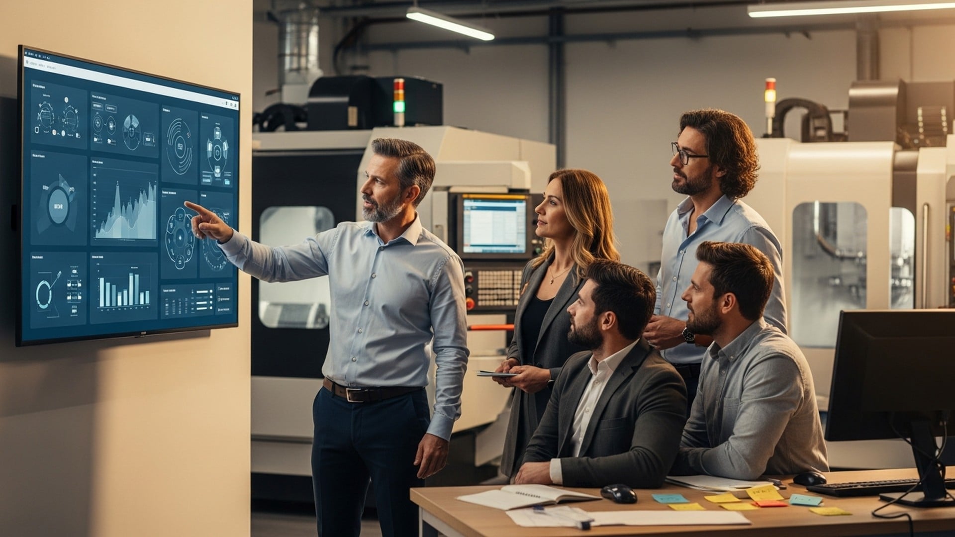 Équipe industrielle consultant un tableau de bord de management visuel production sur écran mural en atelier CNC — pilotage temps réel avec JITbase.
