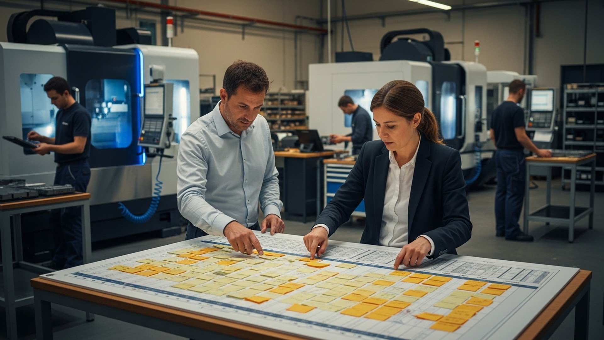 Planificateurs de production organisant l’ordonnancement CNC avec des post-it sur un tableau, illustrant la planification industrielle et la coordination atelier.