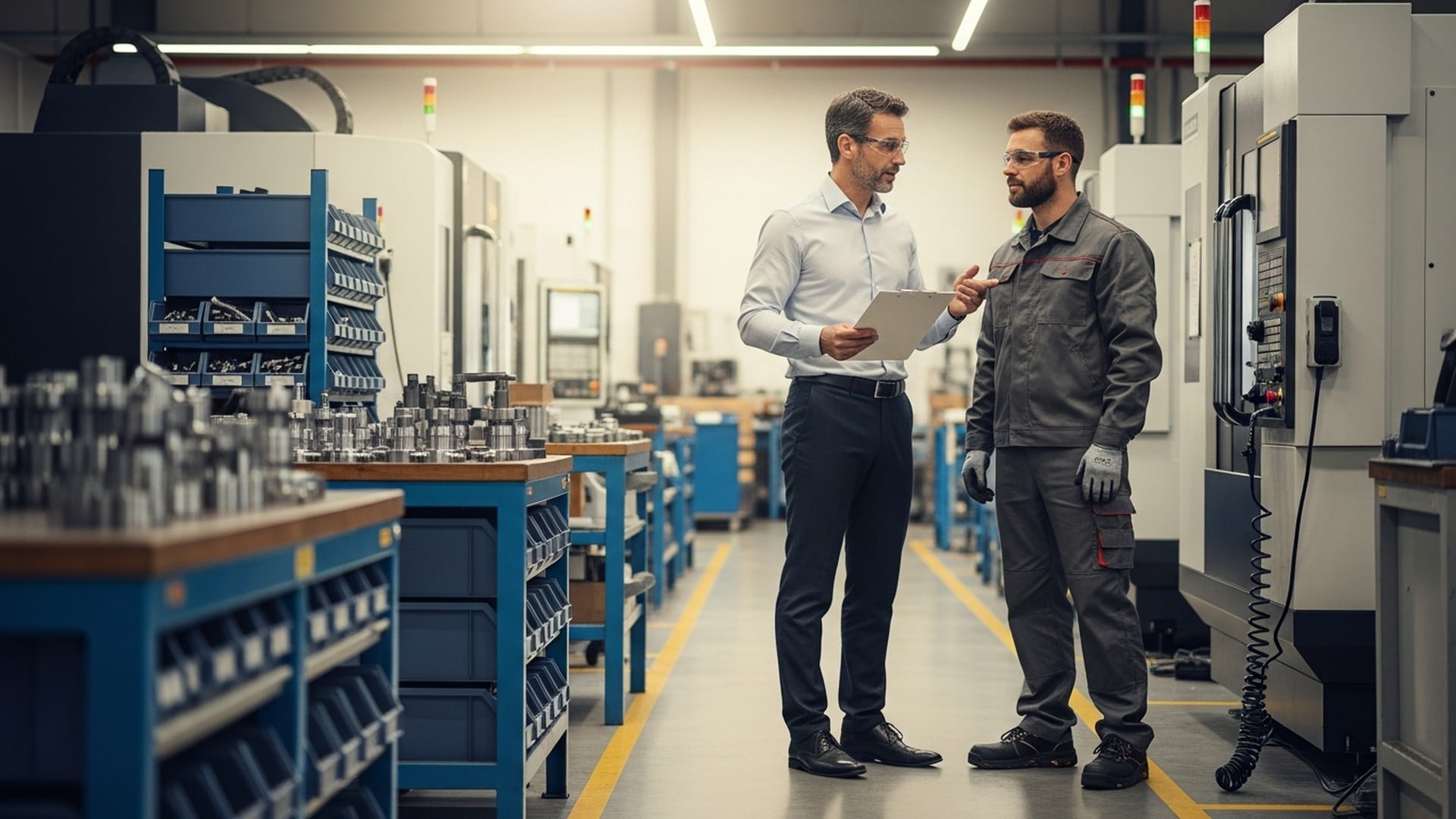 Production planner discussing shop-floor scheduling and workload balancing with a CNC operator in a modern manufacturing workshop.