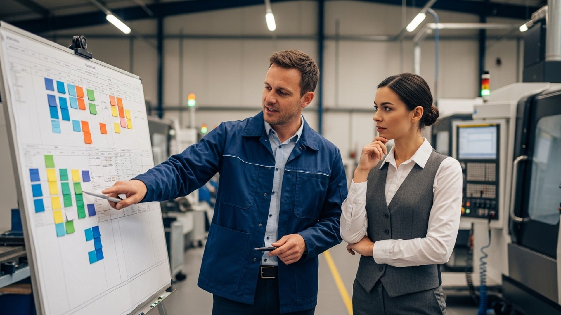 Responsable d'atelier et planificateur analysant un tableau de planning dynamique devant des machines CNC — implémentation SaaS de planification de production.