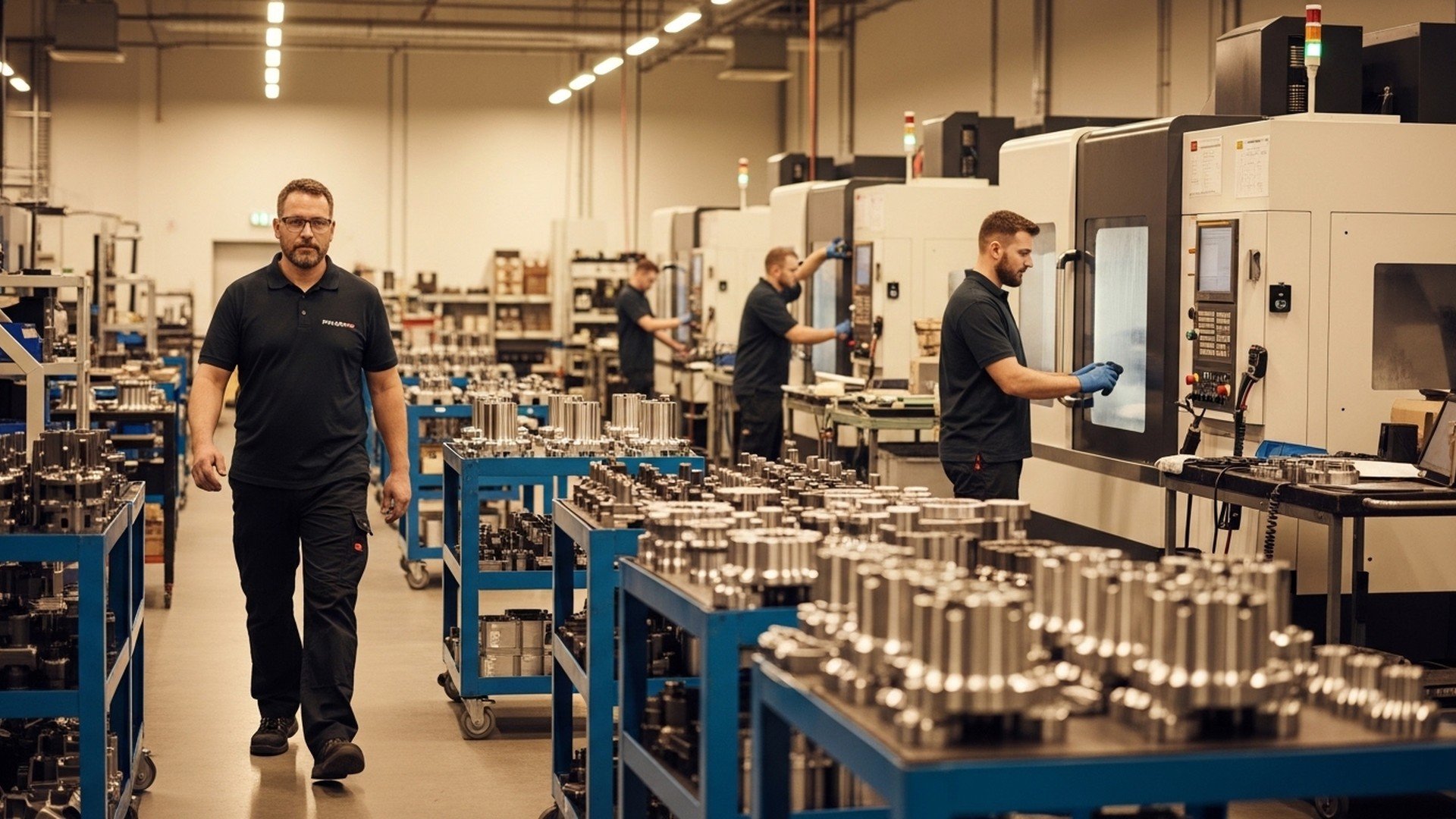 Production supervisor walking through a CNC shop floor with operators and finished parts, illustrating production planning, scheduling coordination, and real-time shop-floor execution with JITbase.