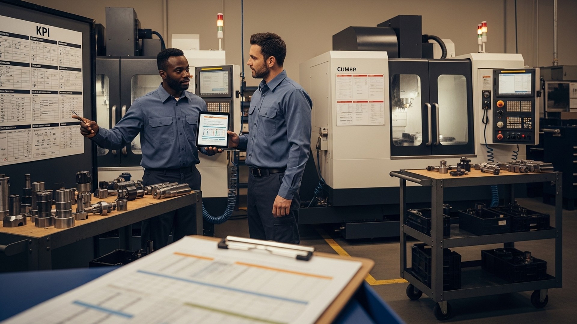 Operators reviewing a KPI dashboard on tablet and wall board in a CNC workshop, illustrating real-time shop-floor analytics and no-code production monitoring.