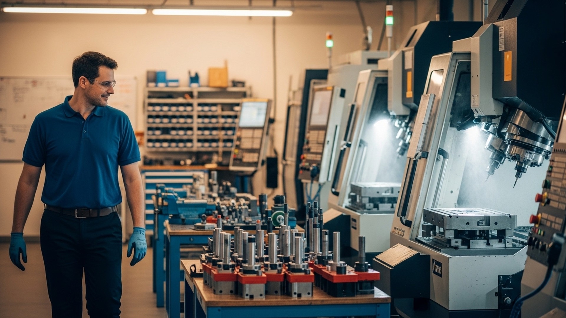 Production operator walking along CNC machines with prepared tooling fixtures, illustrating reduced manual interventions, automated workflows, and streamlined shop-floor operations with JITbase.