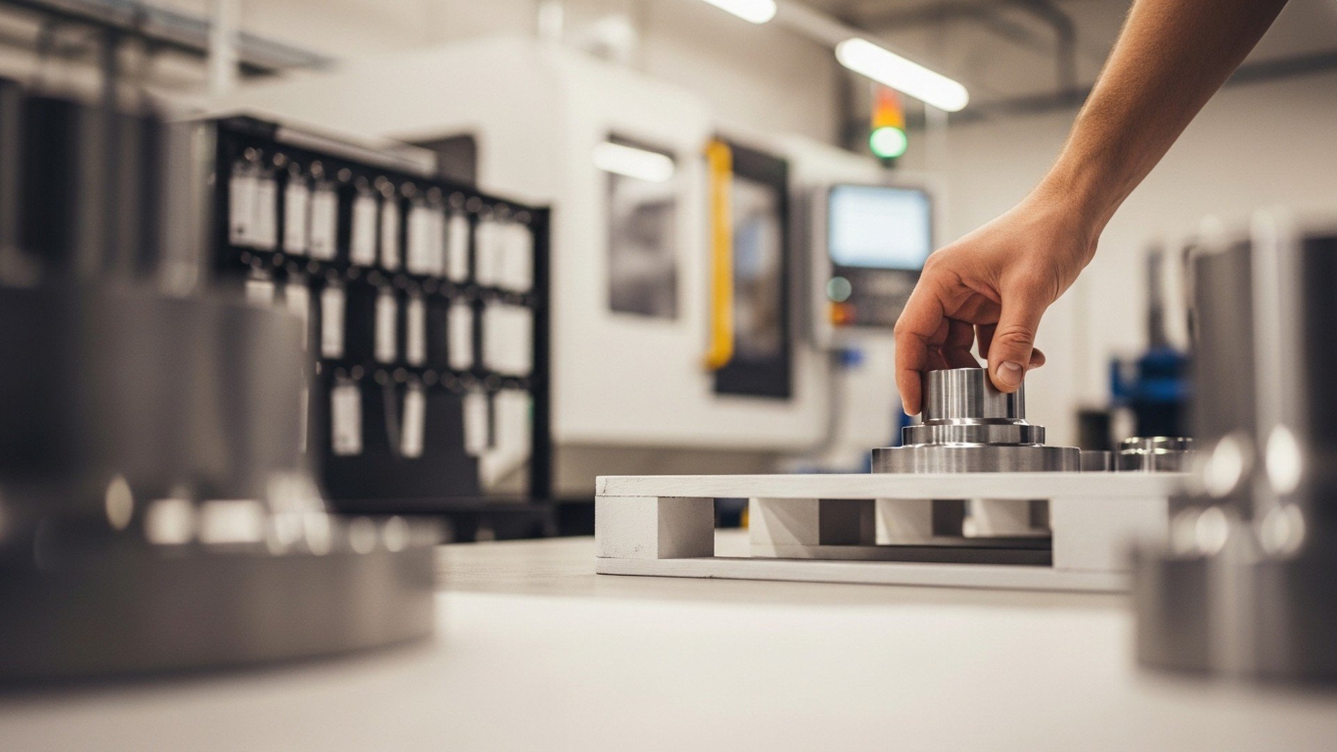 Operator placing a machined part on a fixture in a CNC workshop, illustrating shop-floor tracking with RFID or barcode systems for production visibility.