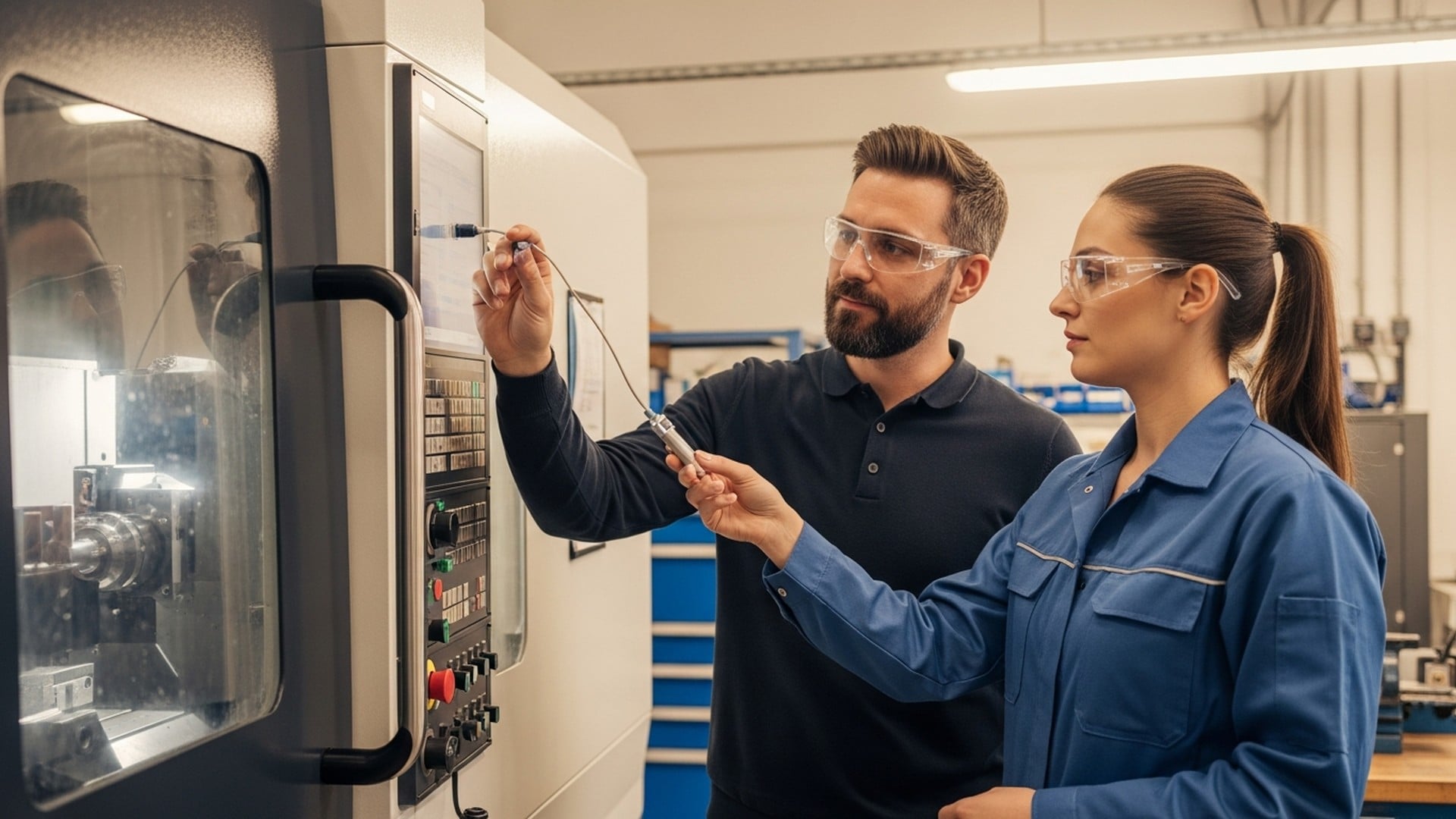 Techniciens CNC configurant une machine-outil et vérifiant des données de production en temps réel dans un atelier manufacturier.