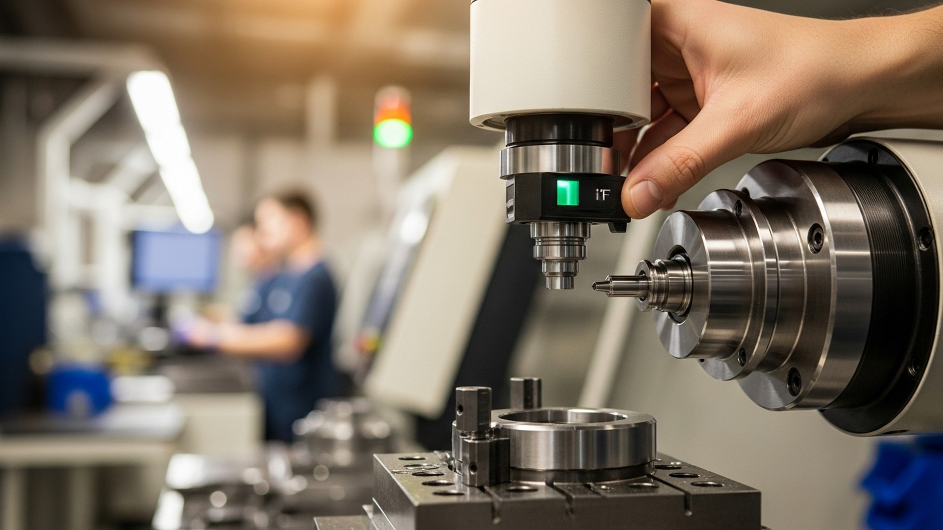 Technicien installant un capteur de suivi en temps réel sur une broche CNC en atelier d'usinage — suivi énergétique avec JITbase