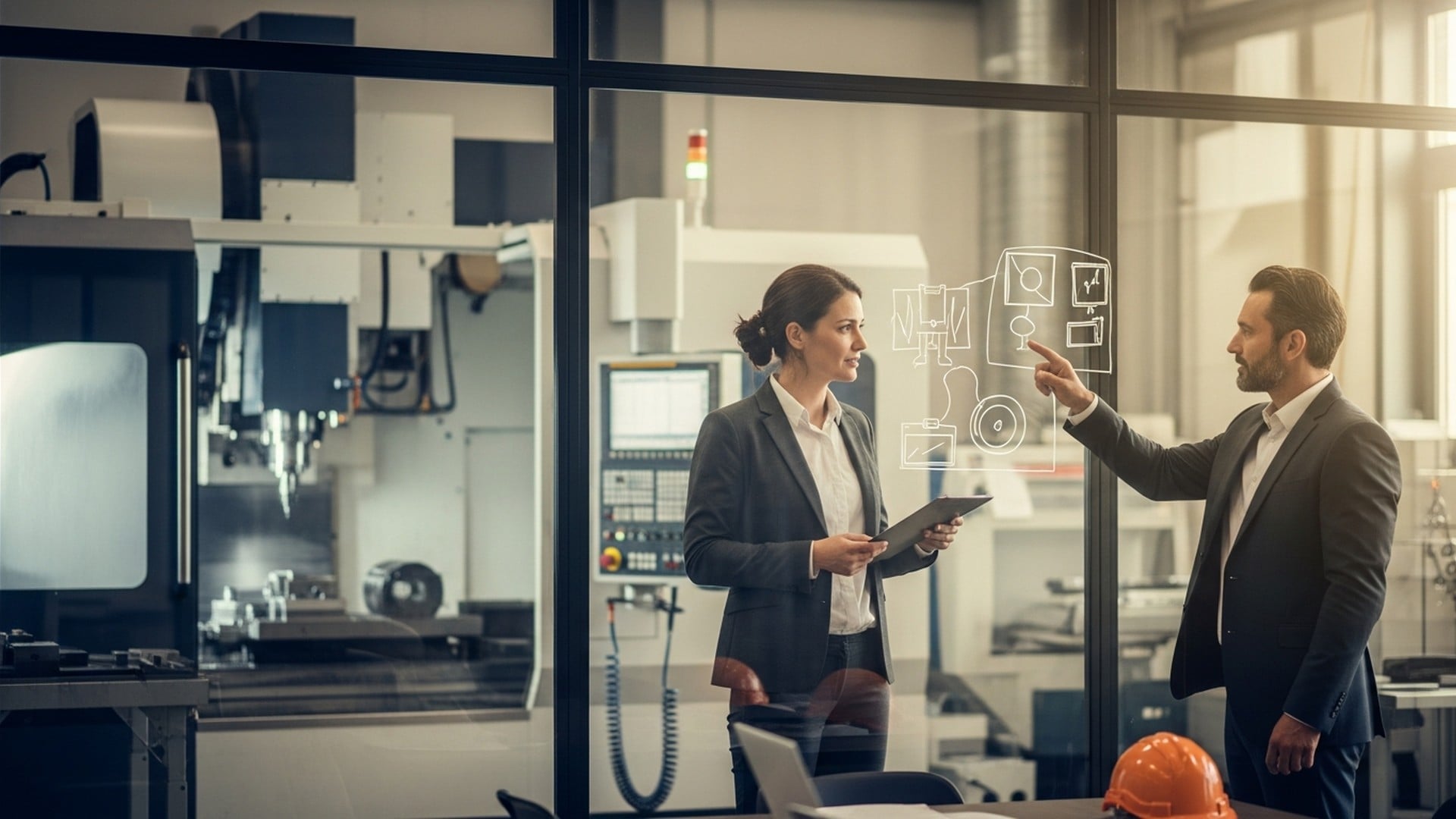 Responsable de production présentant un tableau de bord KPI TRS à la direction sur grand écran — suivi de la disponibilité, performance et qualité avec JITbase.