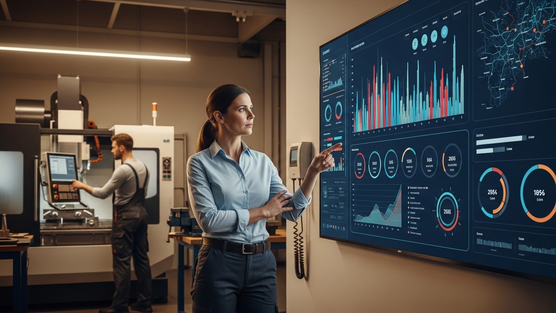 Responsable de production analysant un tableau de bord KPI en temps réel affichant la performance, l’utilisation et le suivi du WIP en atelier CNC.