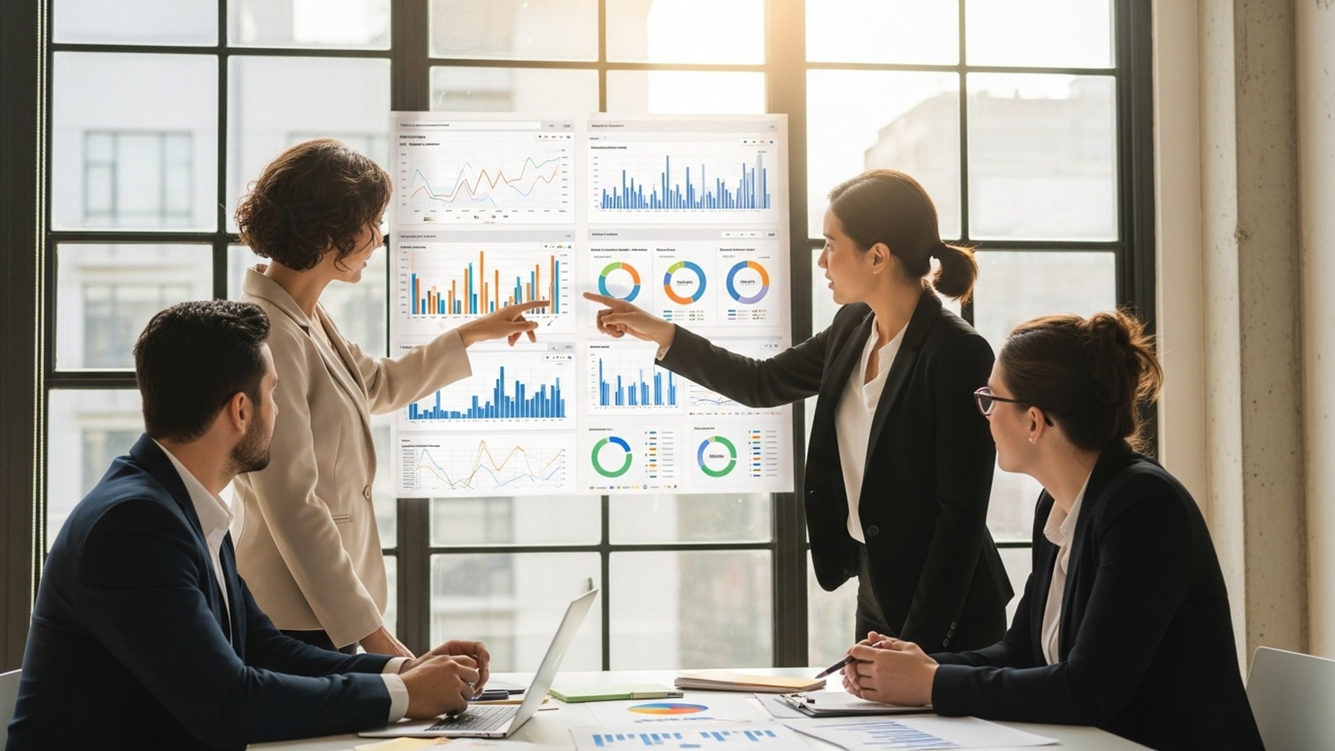 Équipe examinant des tableaux de bord analytiques avec graphiques lors d'une réunion d'affaires