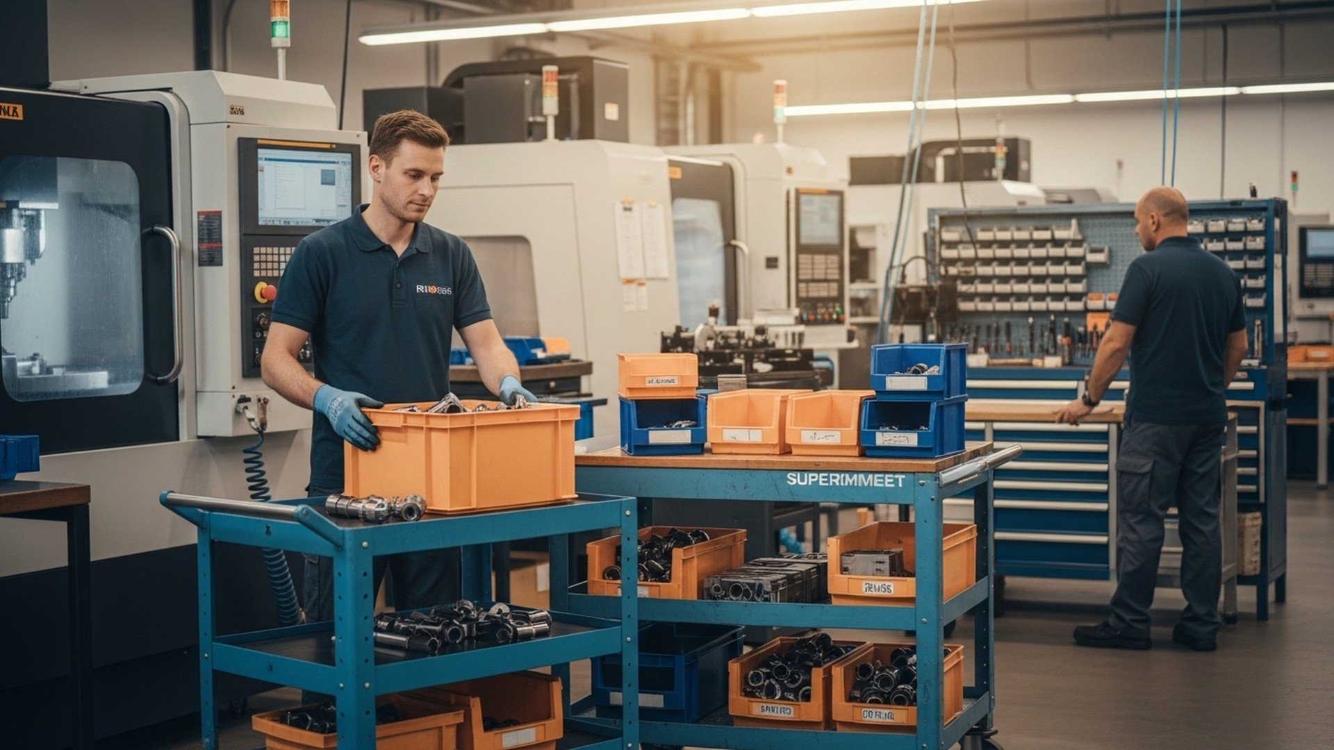 Operators managing parts flow with Kanban bins on a CNC shop floor, illustrating throughput optimization, production scheduling, and real-time work-in-progress control with JITbase.