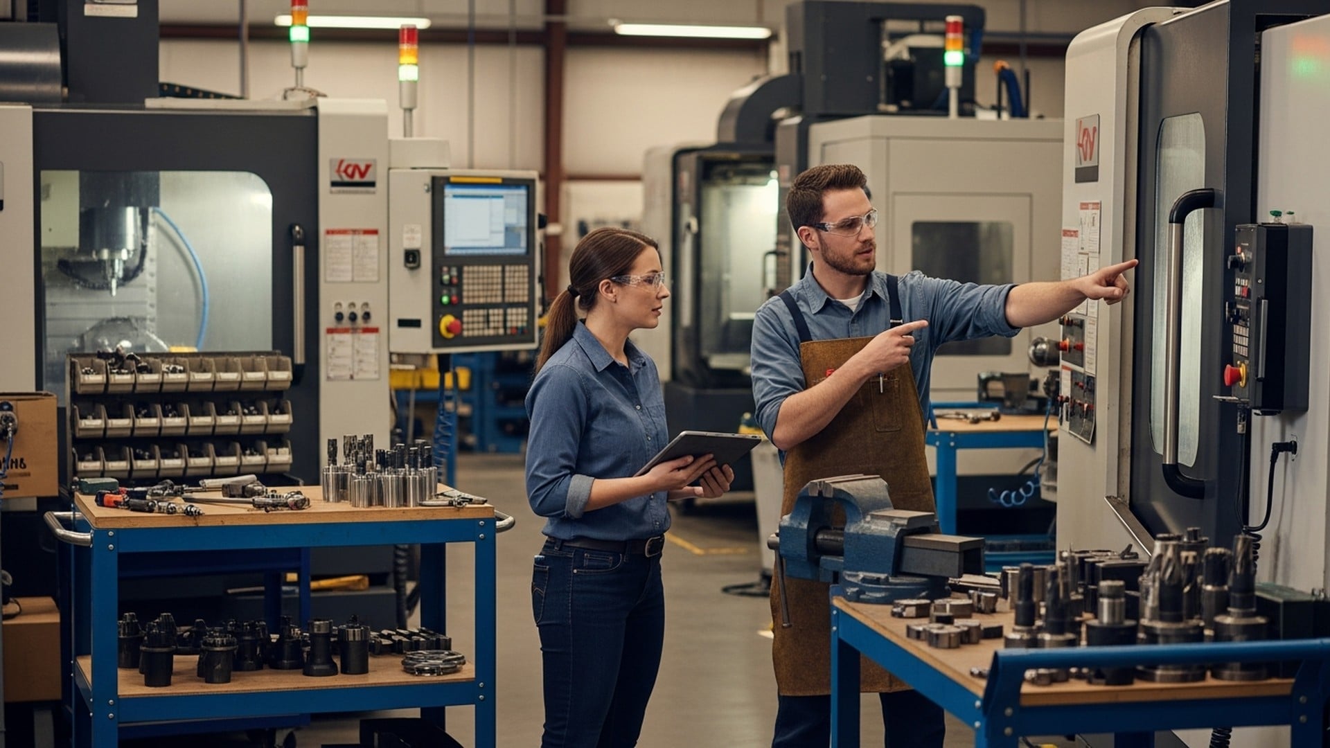 CNC shop floor team reviewing machine operations and production throughput KPIs in a manufacturing workshop.