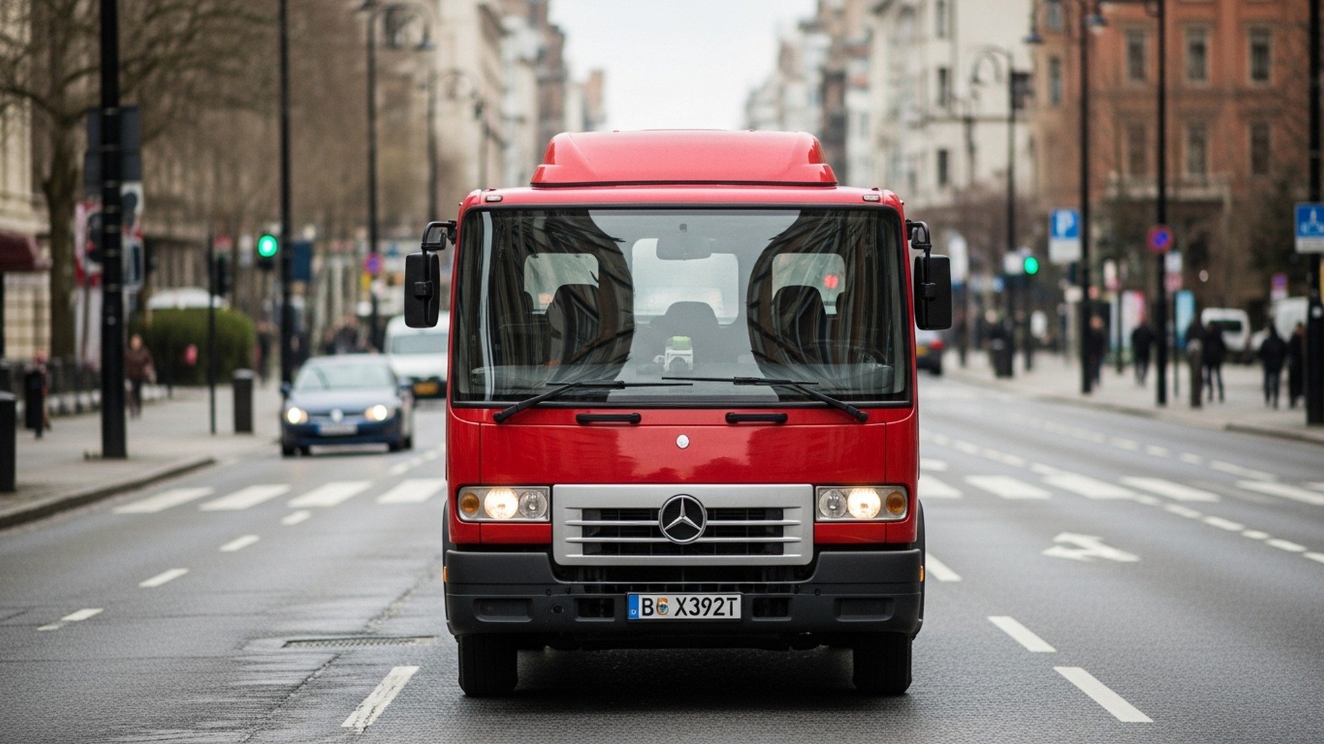 Red service vehicle driving through a city street, symbolizing workforce mobility, field operations coordination, and workforce management software comparison in modern operations.