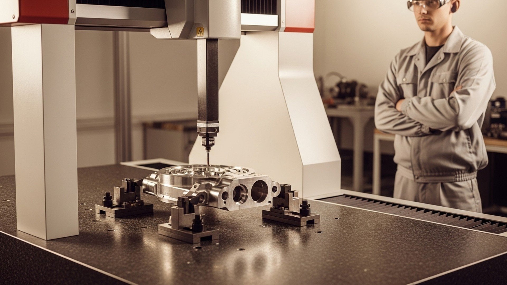 Operator supervising a CMM inspection of a machined metal part, illustrating CNC machining quality control, dimensional inspection, and production verification with JITbase.