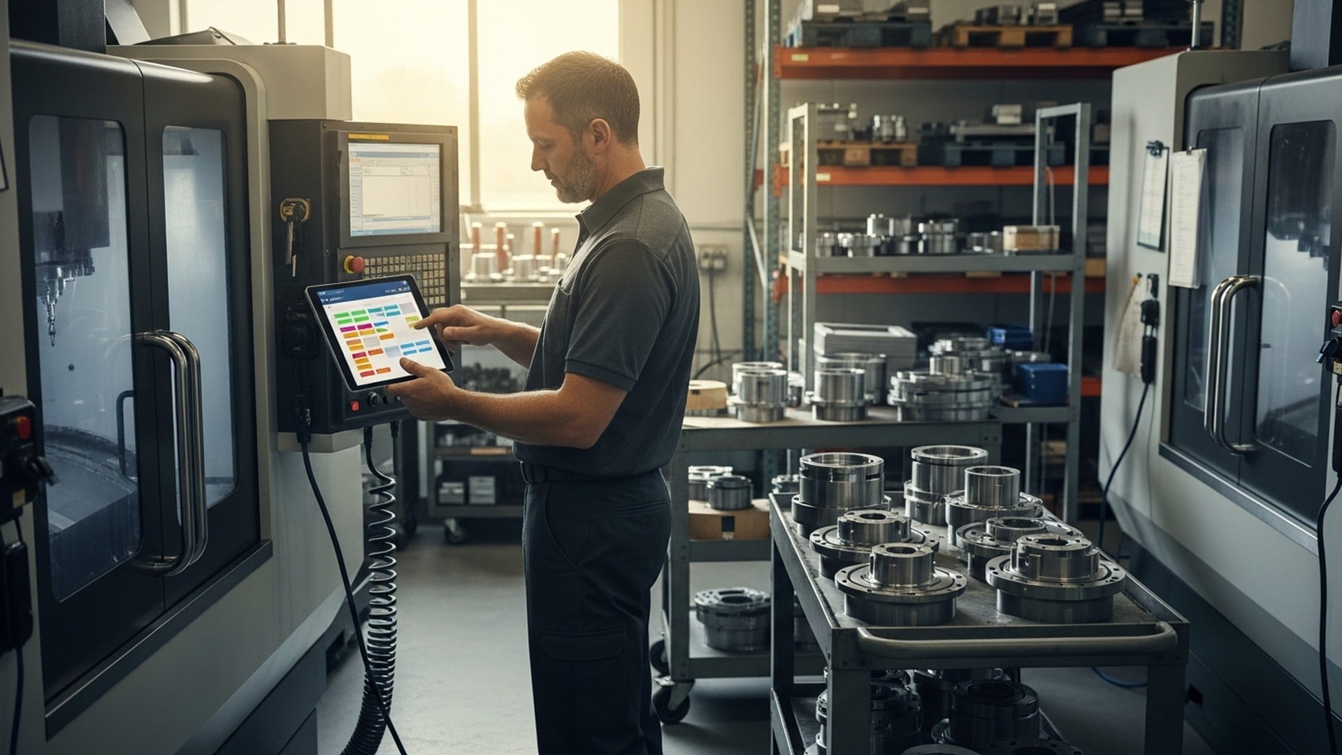 Machinist reviewing a color-coded job schedule on a tablet beside CNC machines -- work-in-process inventory audit with JITbase