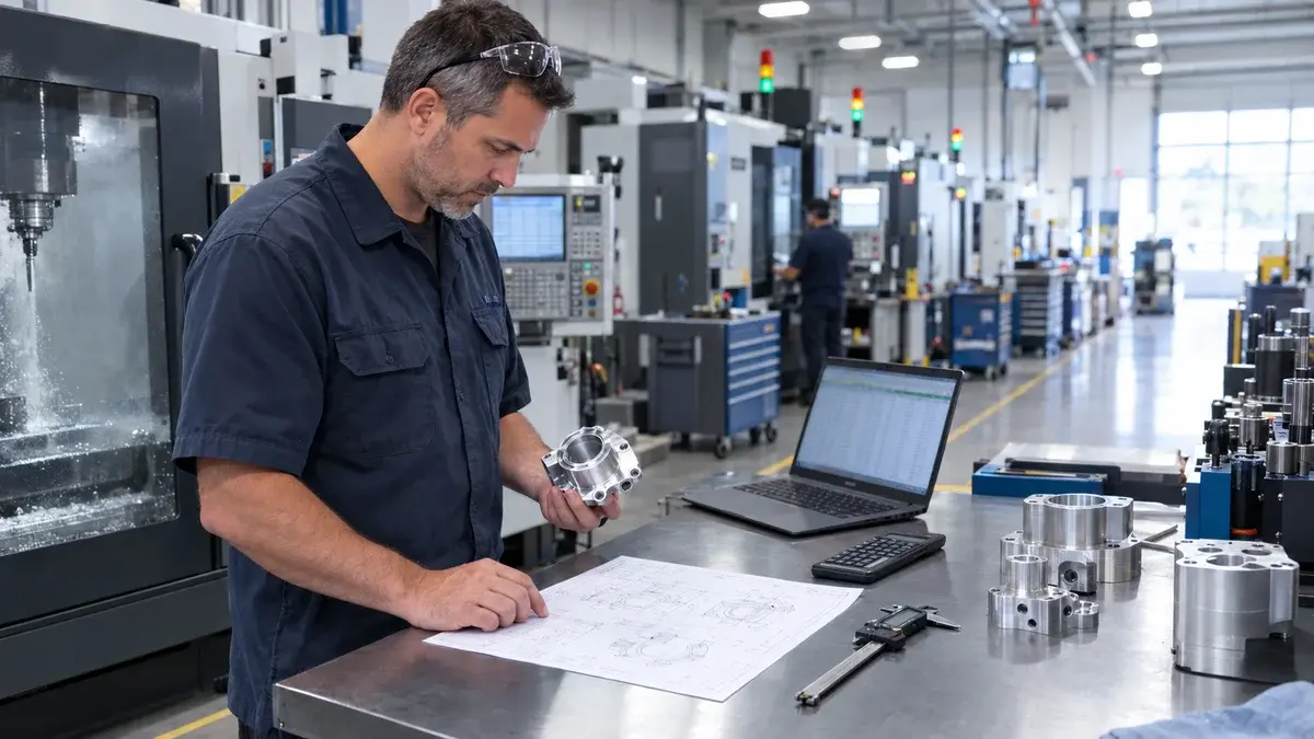 Chef d’atelier comparant une pièce usinée à son plan près d’une machine CNC : chiffrage de devis d’usinage avec JITbase