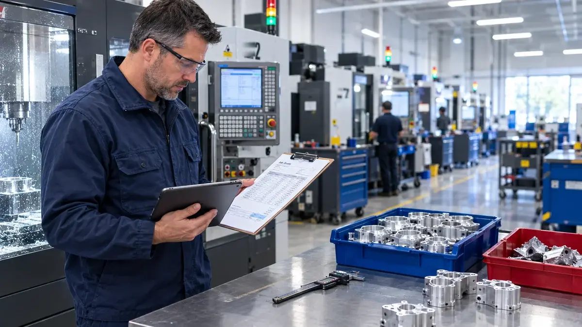 Shop manager reviewing a work order’s margin next to a CNC machine: actual job cost with JITbase