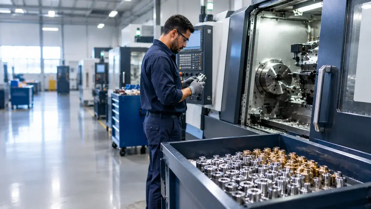 Opérateur inspectant une pièce finie près d’un tour CNC, avec un bac de pièces tournées en acier et en laiton : comptage de pièces avec JITbase