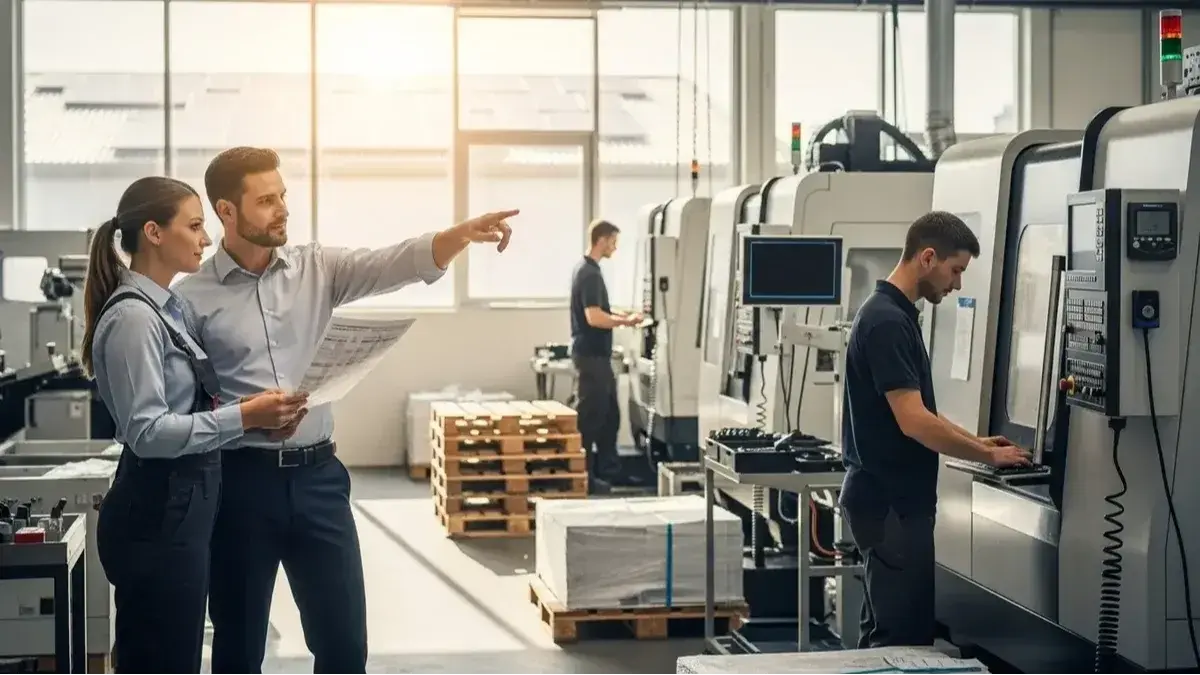 Two CNC shop professionals reviewing a planning document in front of production machine tools