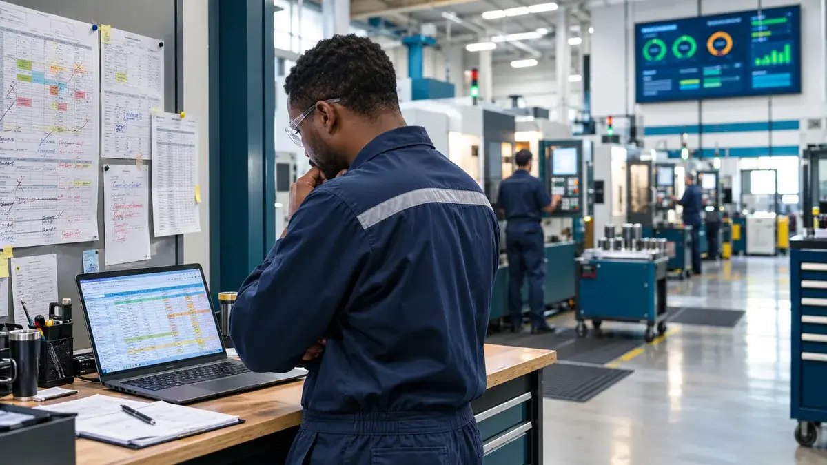 CNC shop supervisor reviewing an Excel schedule on a laptop, annotated paper schedules and a live dashboard in the background, tipping point with JITbase