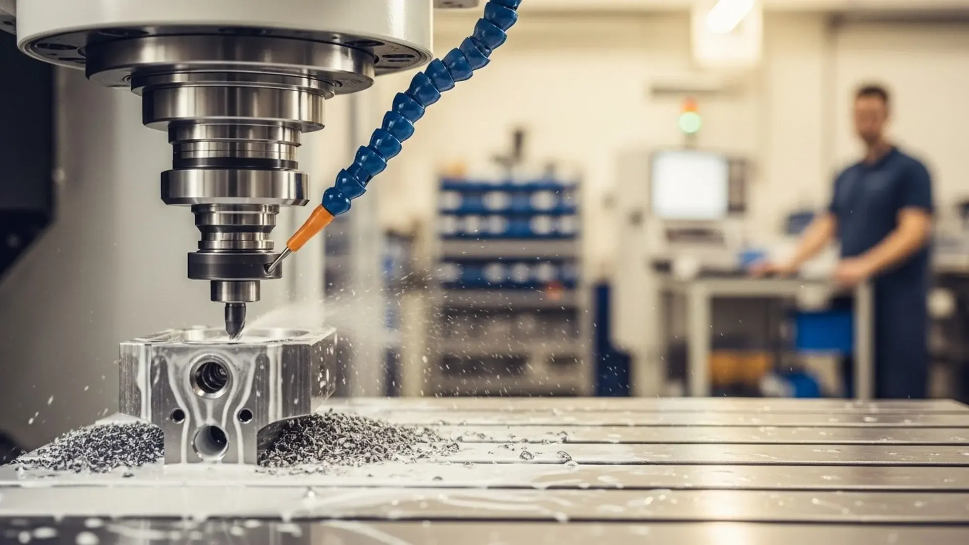 CNC milling machine cutting a metal part with coolant spraying: extracting cycle times from G-code with JITbase