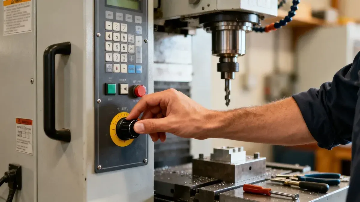 Opérateur CNC tournant le bouton de feed override sur le pupitre d’un centre d’usinage vertical : feed override avec JITbase
