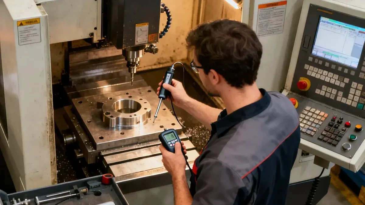 Machinist checking the first part on a CNC milling machine table with a handheld probe and digital readout: first article inspection with JITbase