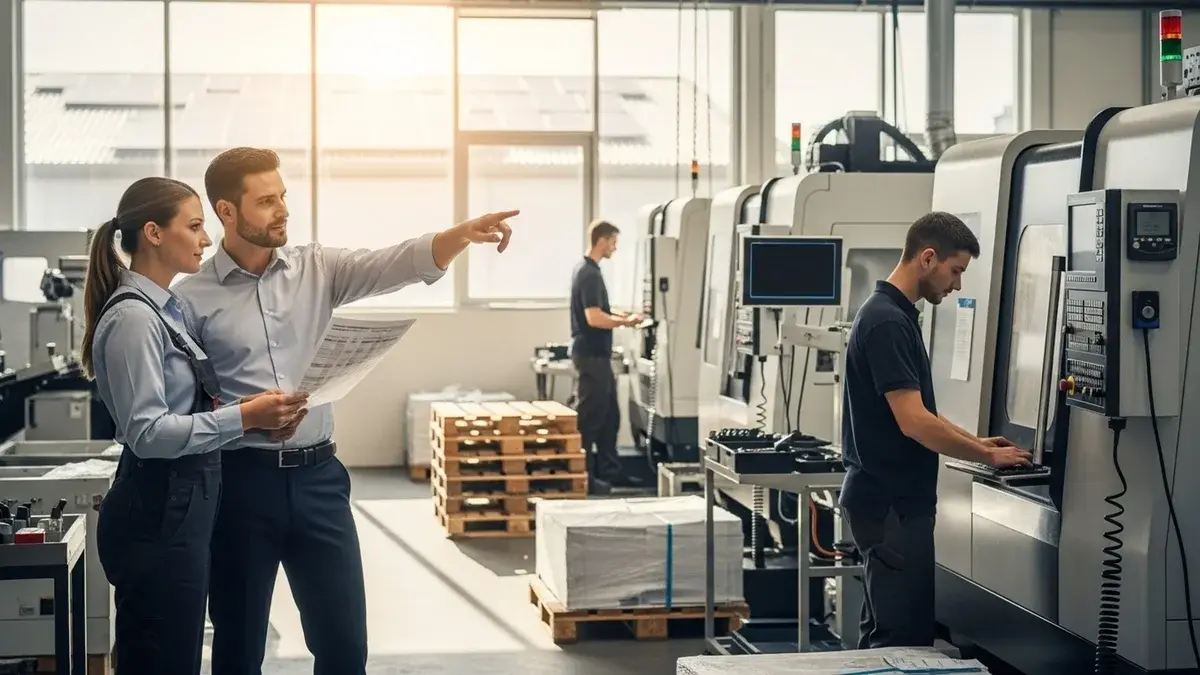 Deux professionnels d'atelier CNC examinant un document de planification devant des machines-outils en production