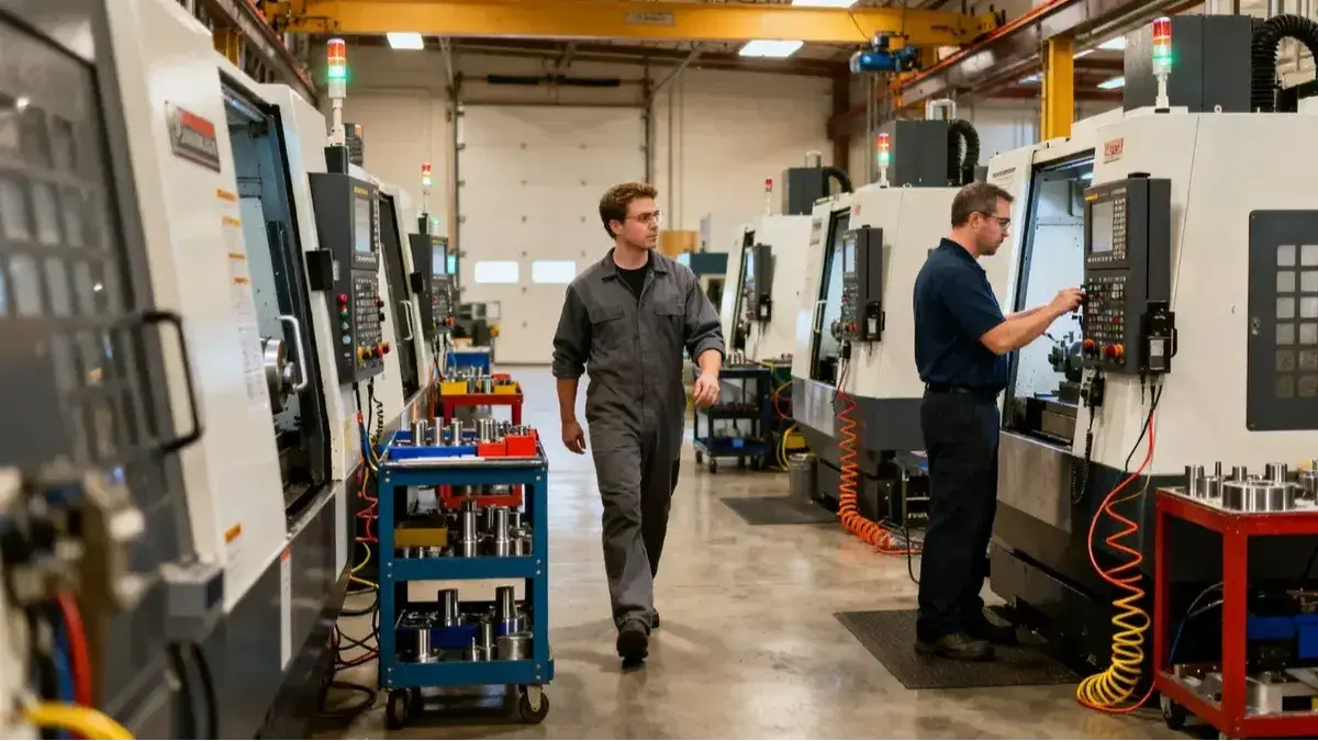 Deux machinistes CNC au travail dans une rangée de machines-outils en atelier — suivi en temps réel avec JITbase