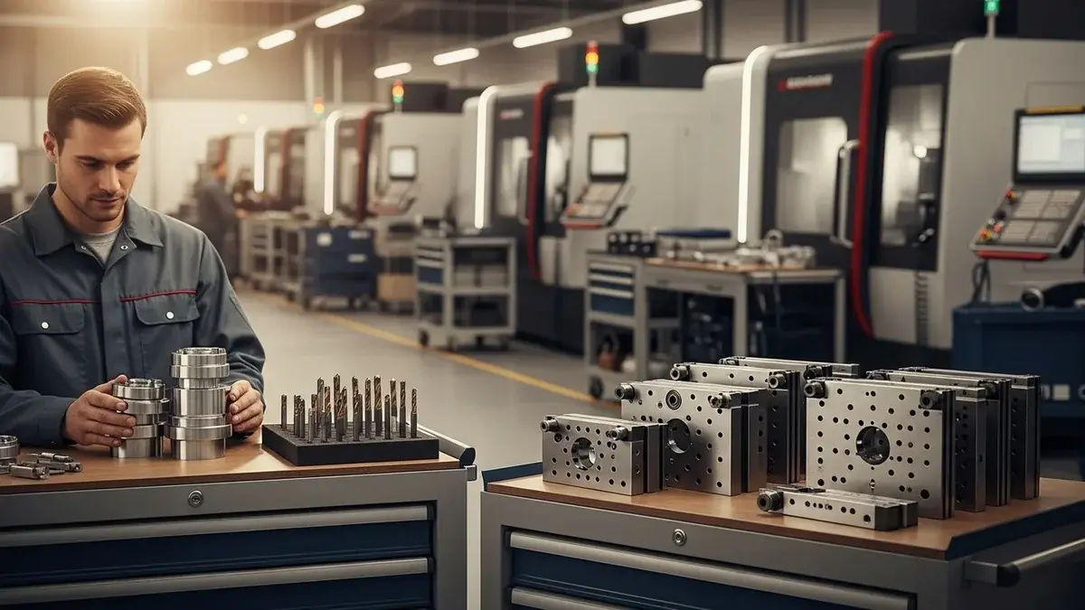 Opérateur CNC rangeant outillage et pièces usinées : expériences kaizen pour réduire réglages et temps de cycle avec JITbase.