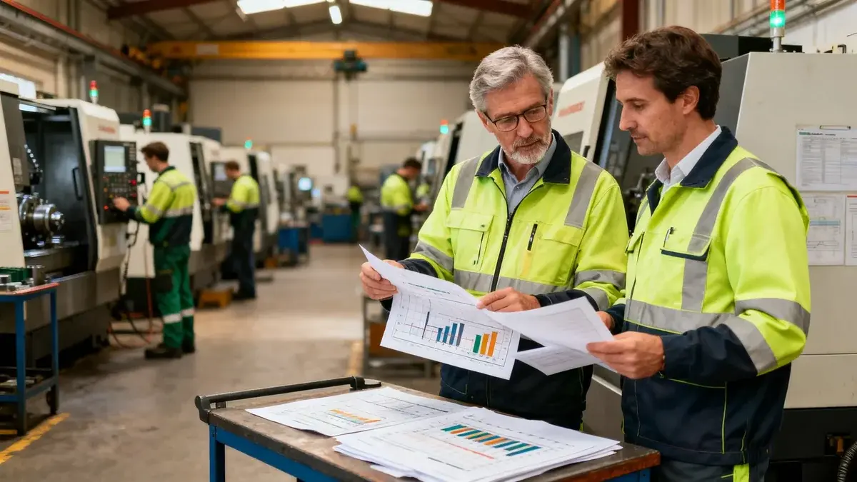 Two supervisors reviewing production efficiency charts on a CNC shop floor — labor efficiency with JITbase