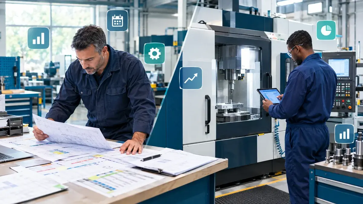 Responsable d’atelier et opérateur CNC avec plans de production et tablette : choix d’un logiciel de GPAO avec JITbase.