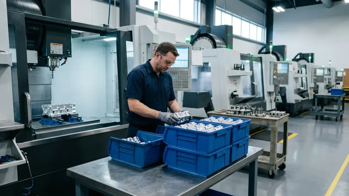 CNC operator staging a batch of machined parts next to a machining center: lot sizing with JITbase