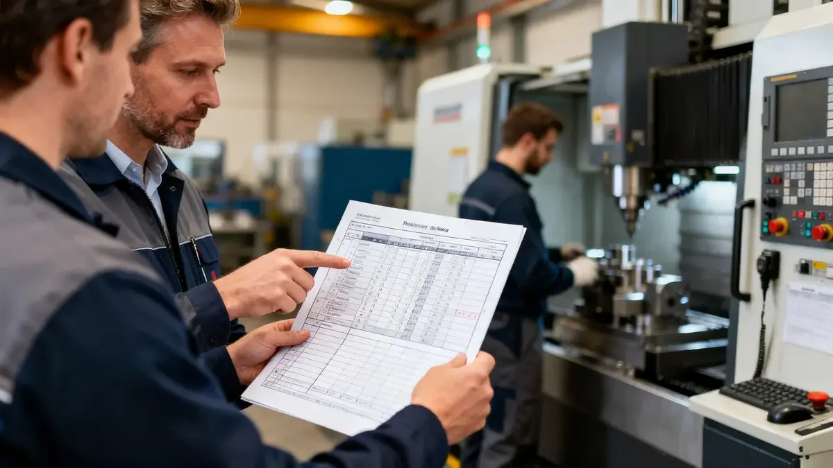 Deux employés d’un atelier CNC examinant un planning de maintenance papier près d’une machine-outil