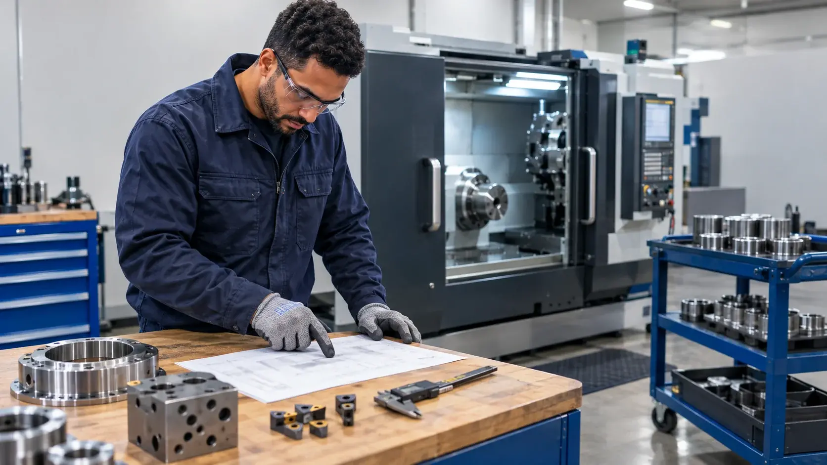 Operator with safety glasses reading a manufacturing routing on a workbench in front of a CNC lathe: manufacturing routing with JITbase