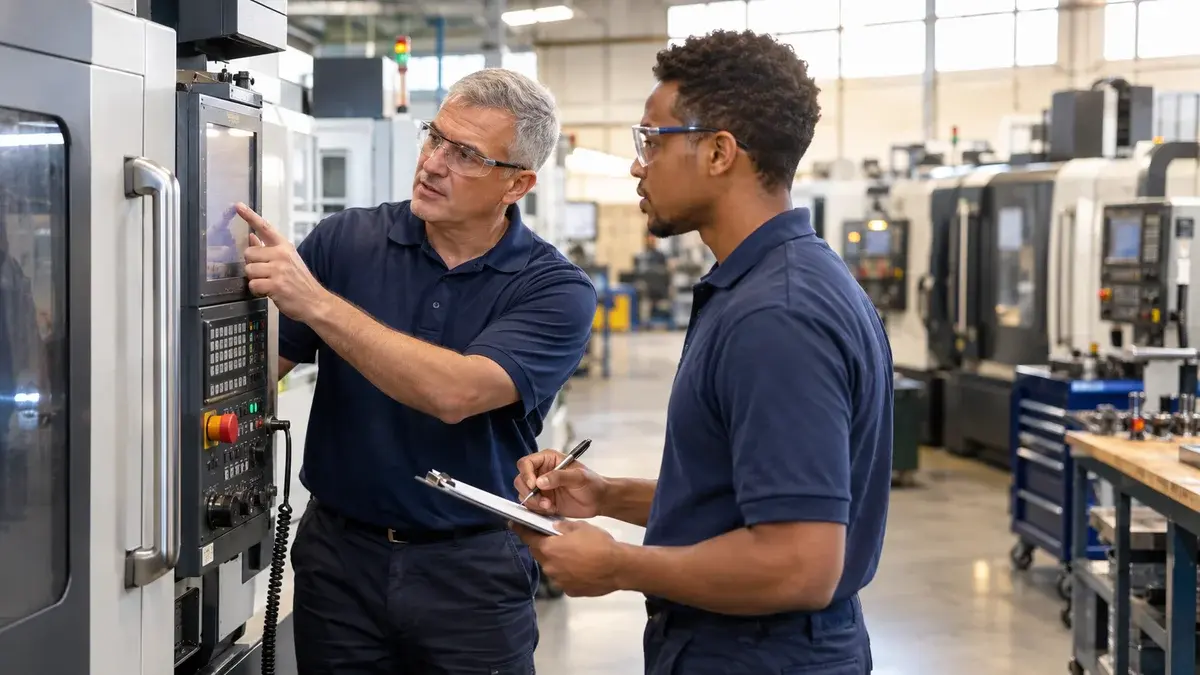 Deux opérateurs CNC consultant l'état de la machine à la commande pendant une passation de poste — passation de poste avec JITbase.