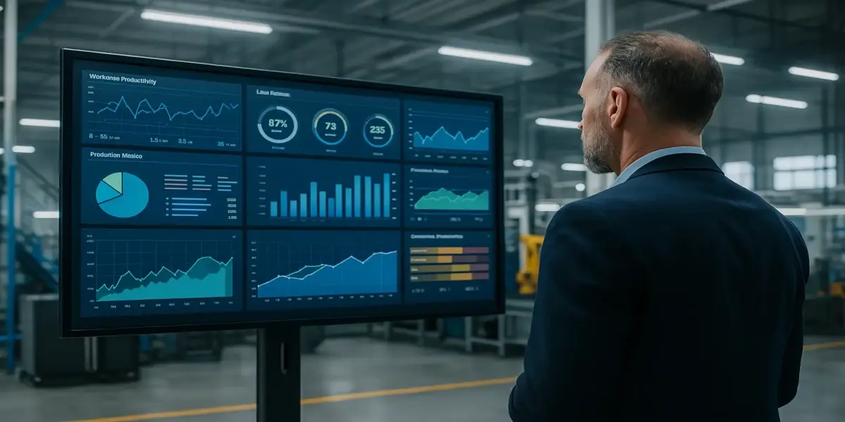 Industrial manager analyzing real-time workforce and production metrics on a digital dashboard in a smart factory.